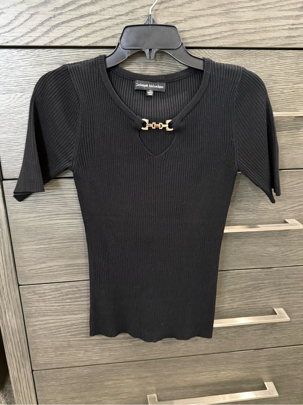 Catherine Malandrino Black Ribbed Short-Sleeve Top with Gold Hardware